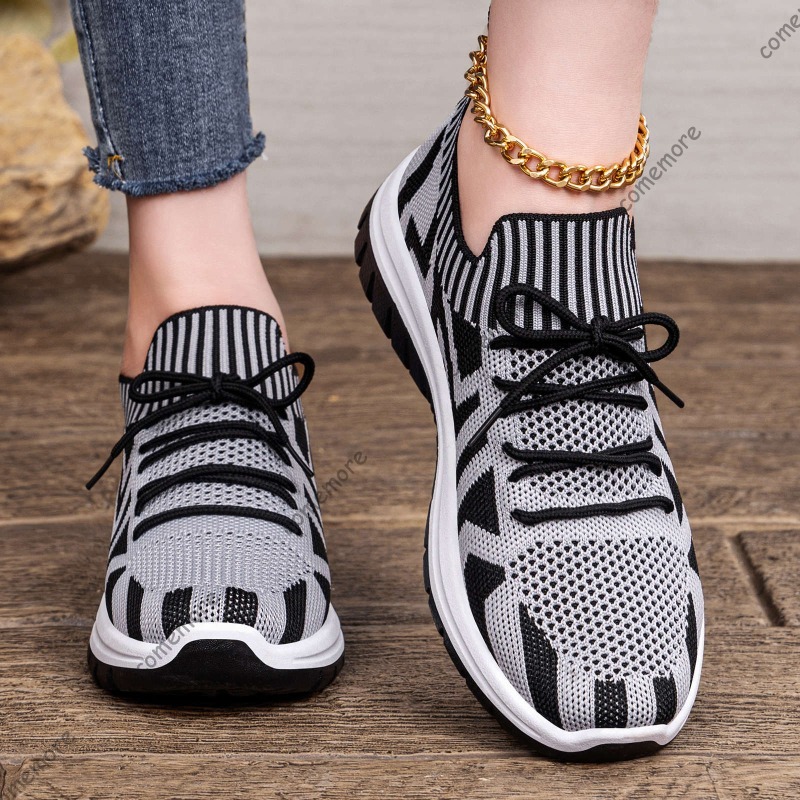 Knit Fabric Lace Up Sneakers - Kadın Örgü Slip-On Spor Ayakkabıları Nefes